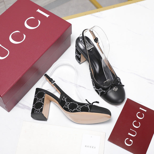 GUCCI 26S HEEL SLINGBACK PUMP 80 MM IN BLACK CALFSKIN AND SUEDE