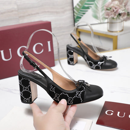 GUCCI 26S HEEL SLINGBACK PUMP 80 MM IN BLACK CALFSKIN AND SUEDE