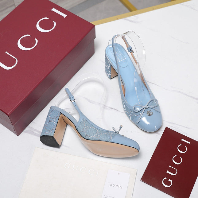 GUCCI 26S HEEL SLINGBACK PUMP 80 MM IN LIGHT BLUE CALFSKIN AND CANVAS