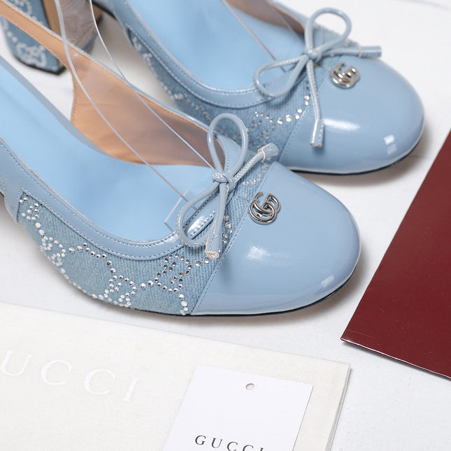 GUCCI 26S HEEL SLINGBACK PUMP 80 MM IN LIGHT BLUE CALFSKIN AND CANVAS