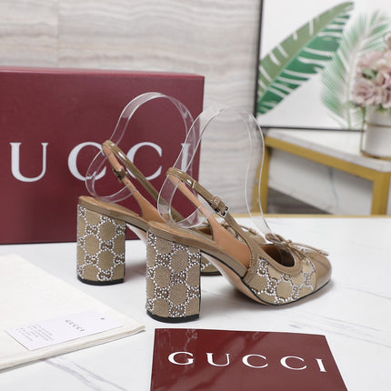 GUCCI 26S HEEL SLINGBACK PUMP 80 MM IN BEIGE CALFSKIN AND CANVAS
