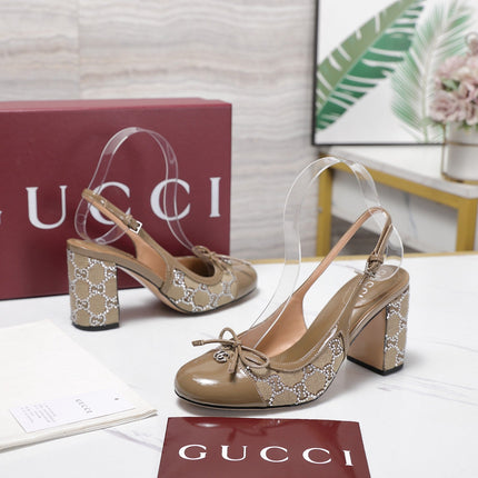GUCCI 26S HEEL SLINGBACK PUMP 80 MM IN BEIGE CALFSKIN AND CANVAS