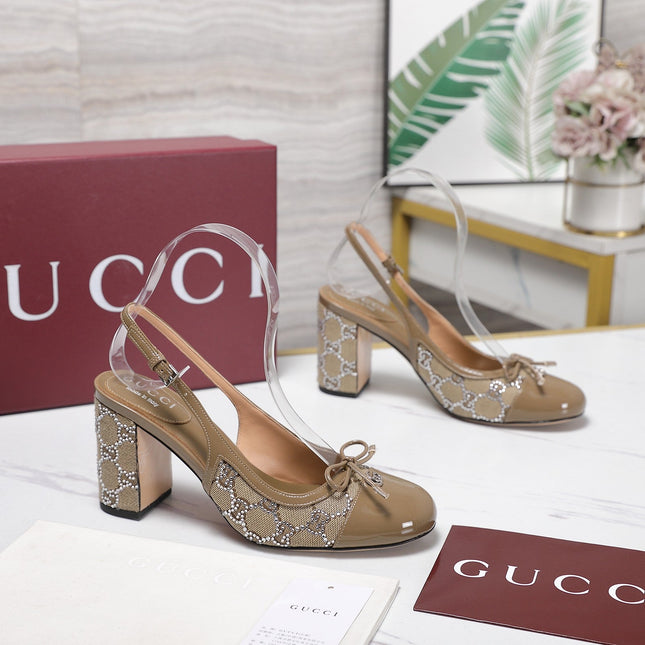 GUCCI 26S HEEL SLINGBACK PUMP 80 MM IN BEIGE CALFSKIN AND CANVAS
