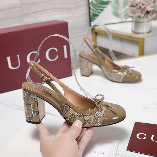 GUCCI 26S HEEL SLINGBACK PUMP 80 MM IN BEIGE CALFSKIN AND CANVAS