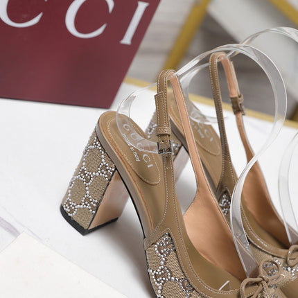 GUCCI 26S HEEL SLINGBACK PUMP 80 MM IN BEIGE CALFSKIN AND CANVAS