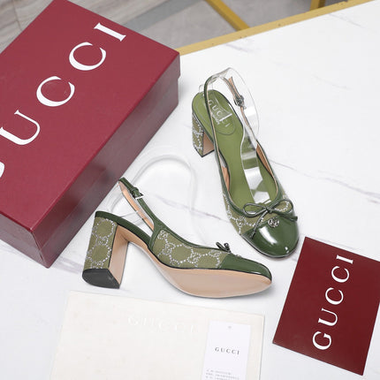 GUCCI 26S HEEL SLINGBACK PUMP 80 MM IN OLIVE GREEN CALFSKIN AND CANVAS