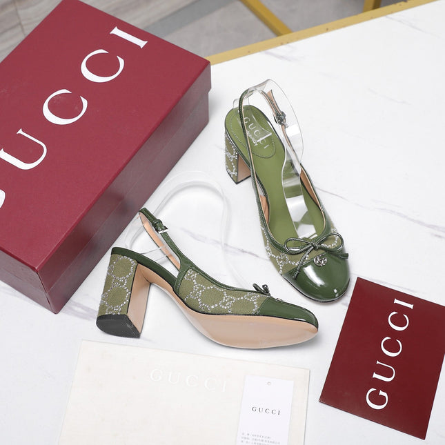 GUCCI 26S HEEL SLINGBACK PUMP 80 MM IN OLIVE GREEN CALFSKIN AND CANVAS