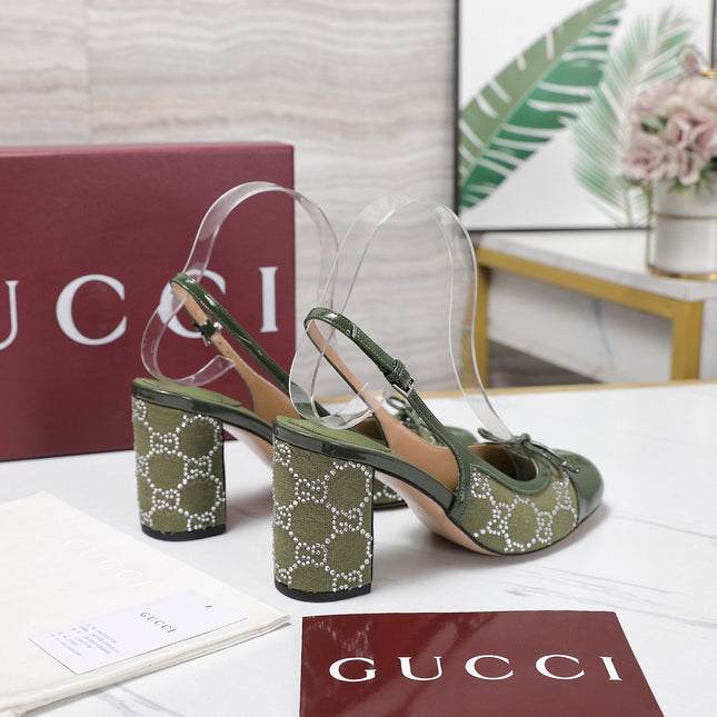 GUCCI 26S HEEL SLINGBACK PUMP 80 MM IN OLIVE GREEN CALFSKIN AND CANVAS