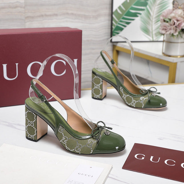 GUCCI 26S HEEL SLINGBACK PUMP 80 MM IN OLIVE GREEN CALFSKIN AND CANVAS