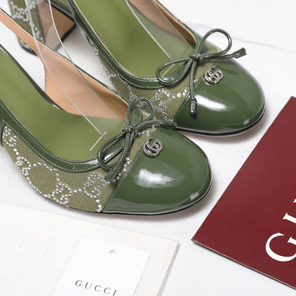 GUCCI 26S HEEL SLINGBACK PUMP 80 MM IN OLIVE GREEN CALFSKIN AND CANVAS
