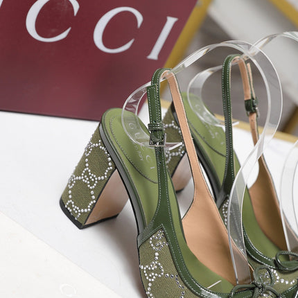 GUCCI 26S HEEL SLINGBACK PUMP 80 MM IN OLIVE GREEN CALFSKIN AND CANVAS