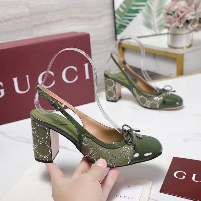 GUCCI 26S HEEL SLINGBACK PUMP 80 MM IN OLIVE GREEN CALFSKIN AND CANVAS