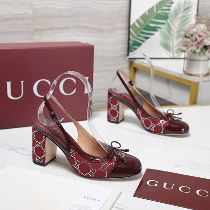 GUCCI 26S HEEL SLINGBACK PUMP 80 MM IN DARK RED CALFSKIN AND CANVAS