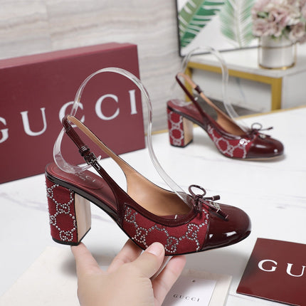 GUCCI 26S HEEL SLINGBACK PUMP 80 MM IN DARK RED CALFSKIN AND CANVAS