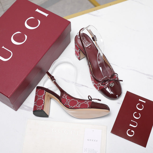 GUCCI 26S HEEL SLINGBACK PUMP 80 MM IN DARK RED CALFSKIN AND CANVAS