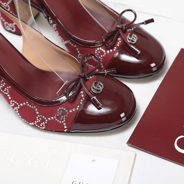 GUCCI 26S HEEL SLINGBACK PUMP 80 MM IN DARK RED CALFSKIN AND CANVAS