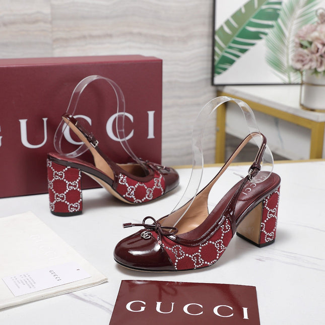 GUCCI 26S HEEL SLINGBACK PUMP 80 MM IN DARK RED CALFSKIN AND CANVAS
