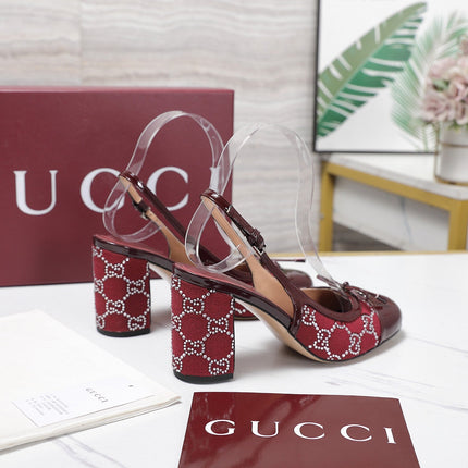 GUCCI 26S HEEL SLINGBACK PUMP 80 MM IN DARK RED CALFSKIN AND CANVAS