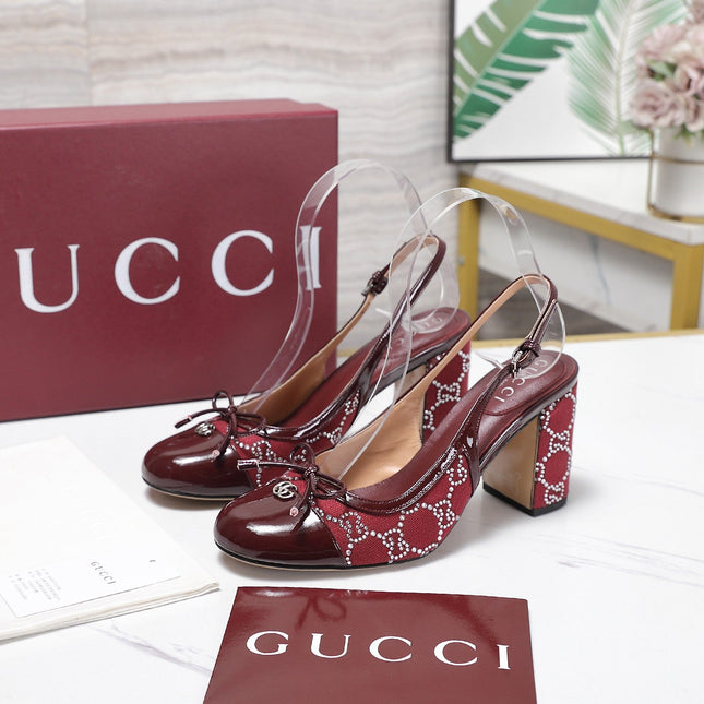 GUCCI 26S HEEL SLINGBACK PUMP 80 MM IN DARK RED CALFSKIN AND CANVAS