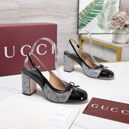 GUCCI 26S HEEL SLINGBACK PUMP 80 MM IN BLACK CALFSKIN AND GREY CANVAS