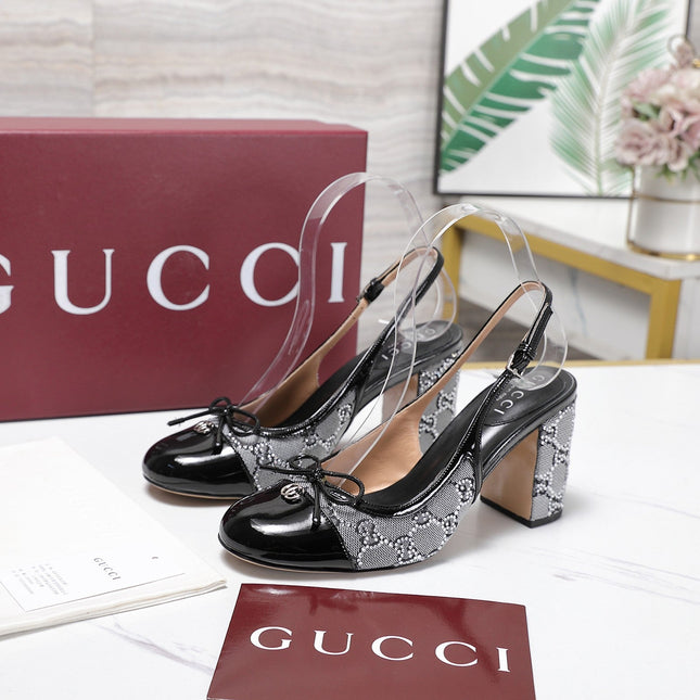 GUCCI 26S HEEL SLINGBACK PUMP 80 MM IN BLACK CALFSKIN AND GREY CANVAS