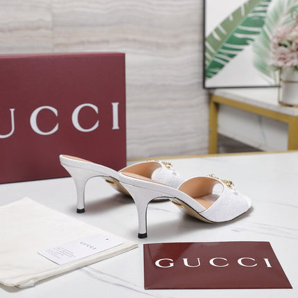 GUCCI 26S HORSEBIT SANDALS 75 MM IN WHITE GG EMBOSSED LEATHER