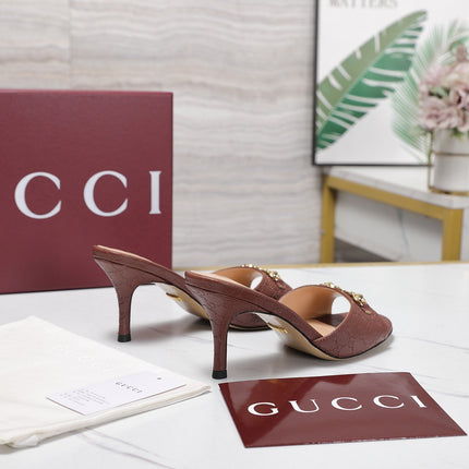 GUCCI 26S HORSEBIT SANDALS 75 MM IN BROWN GG EMBOSSED LEATHER