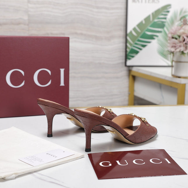 GUCCI 26S HORSEBIT SANDALS 75 MM IN BROWN GG EMBOSSED LEATHER