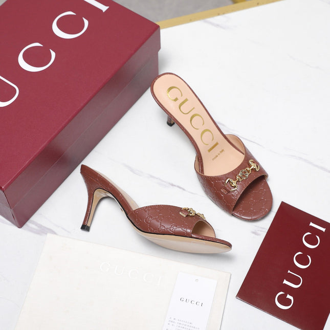 GUCCI 26S HORSEBIT SANDALS 75 MM IN BROWN GG EMBOSSED LEATHER