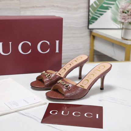 GUCCI 26S HORSEBIT SANDALS 75 MM IN BROWN GG EMBOSSED LEATHER