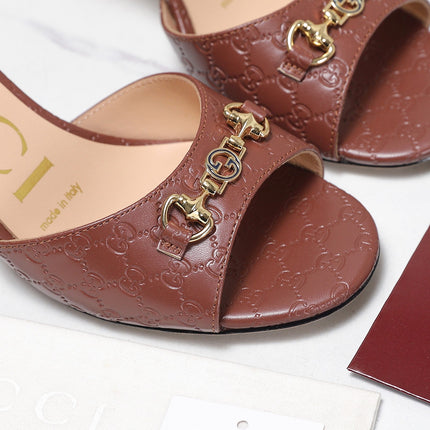 GUCCI 26S HORSEBIT SANDALS 75 MM IN BROWN GG EMBOSSED LEATHER