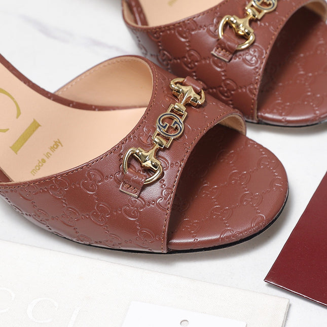 GUCCI 26S HORSEBIT SANDALS 75 MM IN BROWN GG EMBOSSED LEATHER