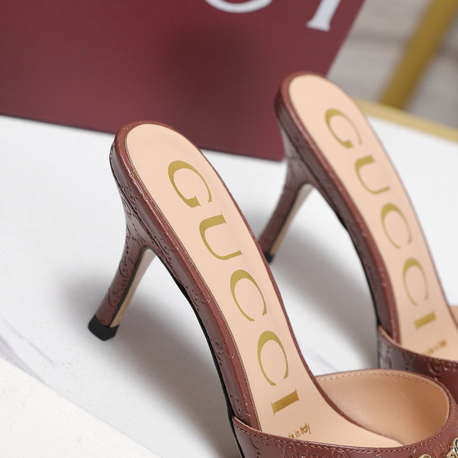 GUCCI 26S HORSEBIT SANDALS 75 MM IN BROWN GG EMBOSSED LEATHER