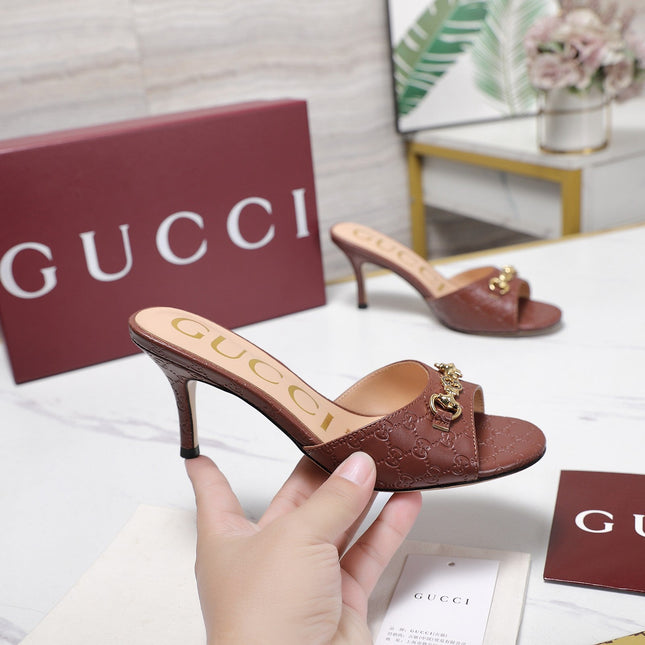 GUCCI 26S HORSEBIT SANDALS 75 MM IN BROWN GG EMBOSSED LEATHER