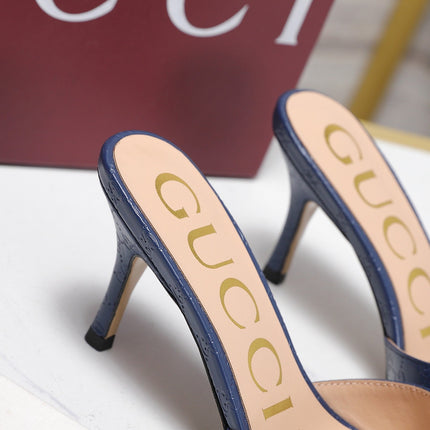 GUCCI 26S HORSEBIT SANDALS 75 MM IN NAVY BLUE GG EMBOSSED LEATHER