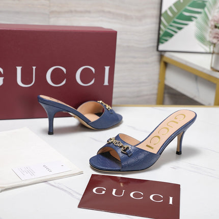 GUCCI 26S HORSEBIT SANDALS 75 MM IN NAVY BLUE GG EMBOSSED LEATHER