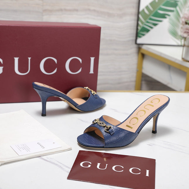 GUCCI 26S HORSEBIT SANDALS 75 MM IN NAVY BLUE GG EMBOSSED LEATHER