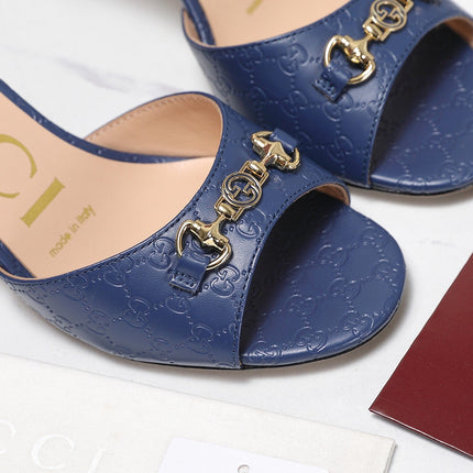 GUCCI 26S HORSEBIT SANDALS 75 MM IN NAVY BLUE GG EMBOSSED LEATHER