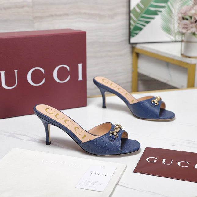 GUCCI 26S HORSEBIT SANDALS 75 MM IN NAVY BLUE GG EMBOSSED LEATHER