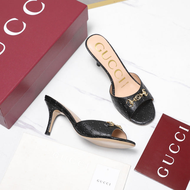 GUCCI 26S HORSEBIT SANDALS 75 MM IN BLACK GG EMBOSSED LEATHER
