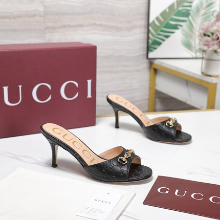 GUCCI 26S HORSEBIT SANDALS 75 MM IN BLACK GG EMBOSSED LEATHER