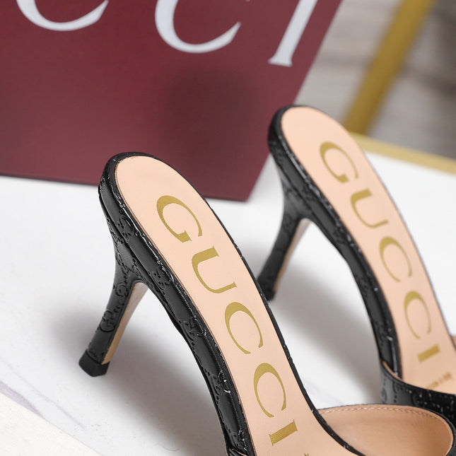 GUCCI 26S HORSEBIT SANDALS 75 MM IN BLACK GG EMBOSSED LEATHER