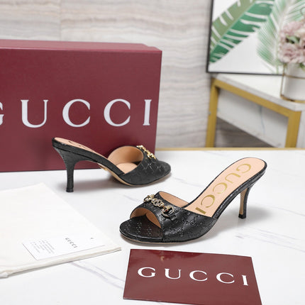 GUCCI 26S HORSEBIT SANDALS 75 MM IN BLACK GG EMBOSSED LEATHER