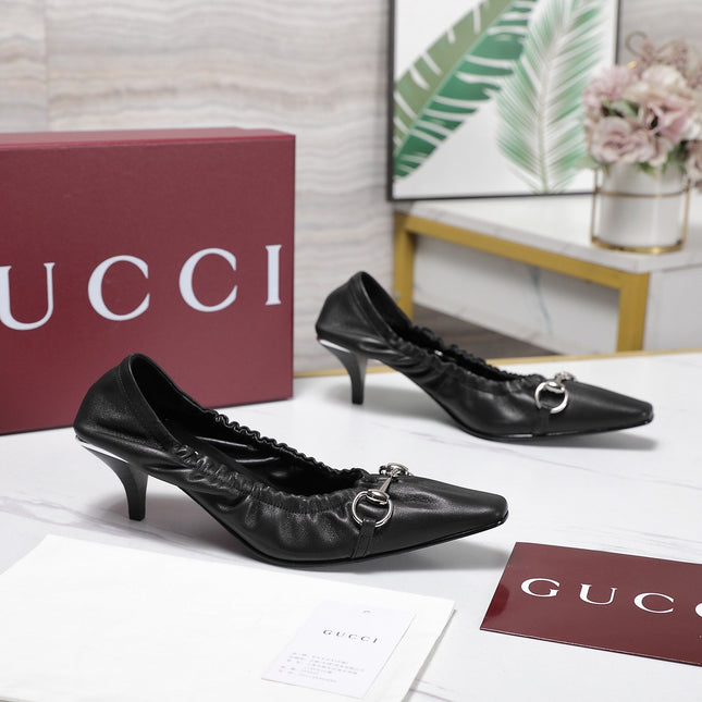 GUCCI 26S HORSEBIT GATHERED PUMPS 55 MM IN BLACK CALFSKIN
