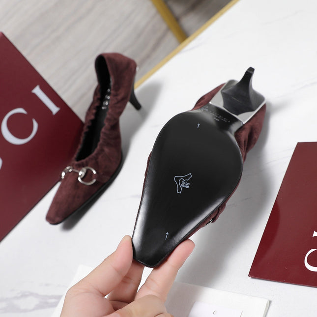 GUCCI 26S HORSEBIT GATHERED PUMPS 55 MM IN BURGUNDY SUEDE