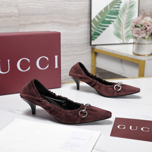 GUCCI 26S HORSEBIT GATHERED PUMPS 55 MM IN BURGUNDY SUEDE