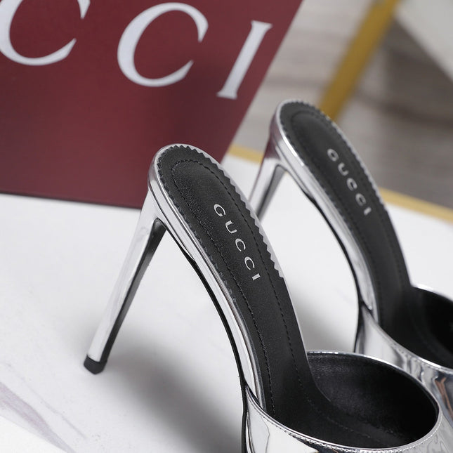 GUCCI 26S HEELED SANDALS 105 MM IN SILVER PATENT CALFSKIN