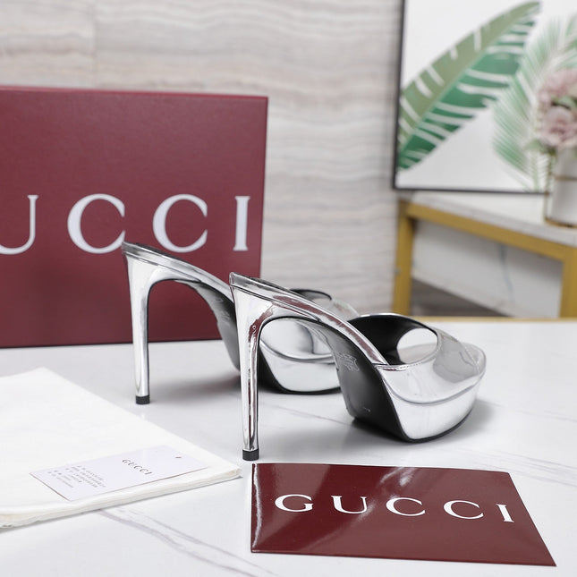 GUCCI 26S HEELED SANDALS 105 MM IN SILVER PATENT CALFSKIN