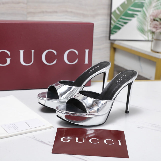 GUCCI 26S HEELED SANDALS 105 MM IN SILVER PATENT CALFSKIN
