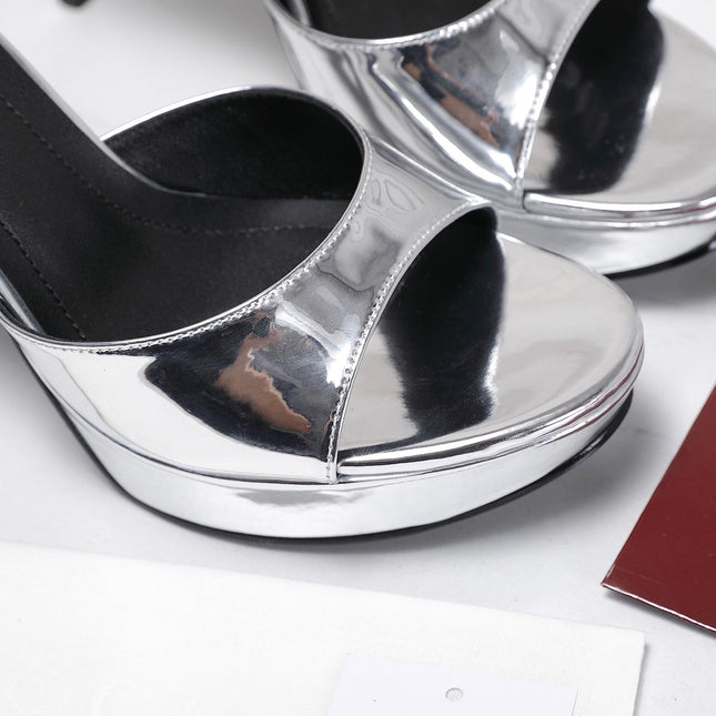 GUCCI 26S HEELED SANDALS 105 MM IN SILVER PATENT CALFSKIN